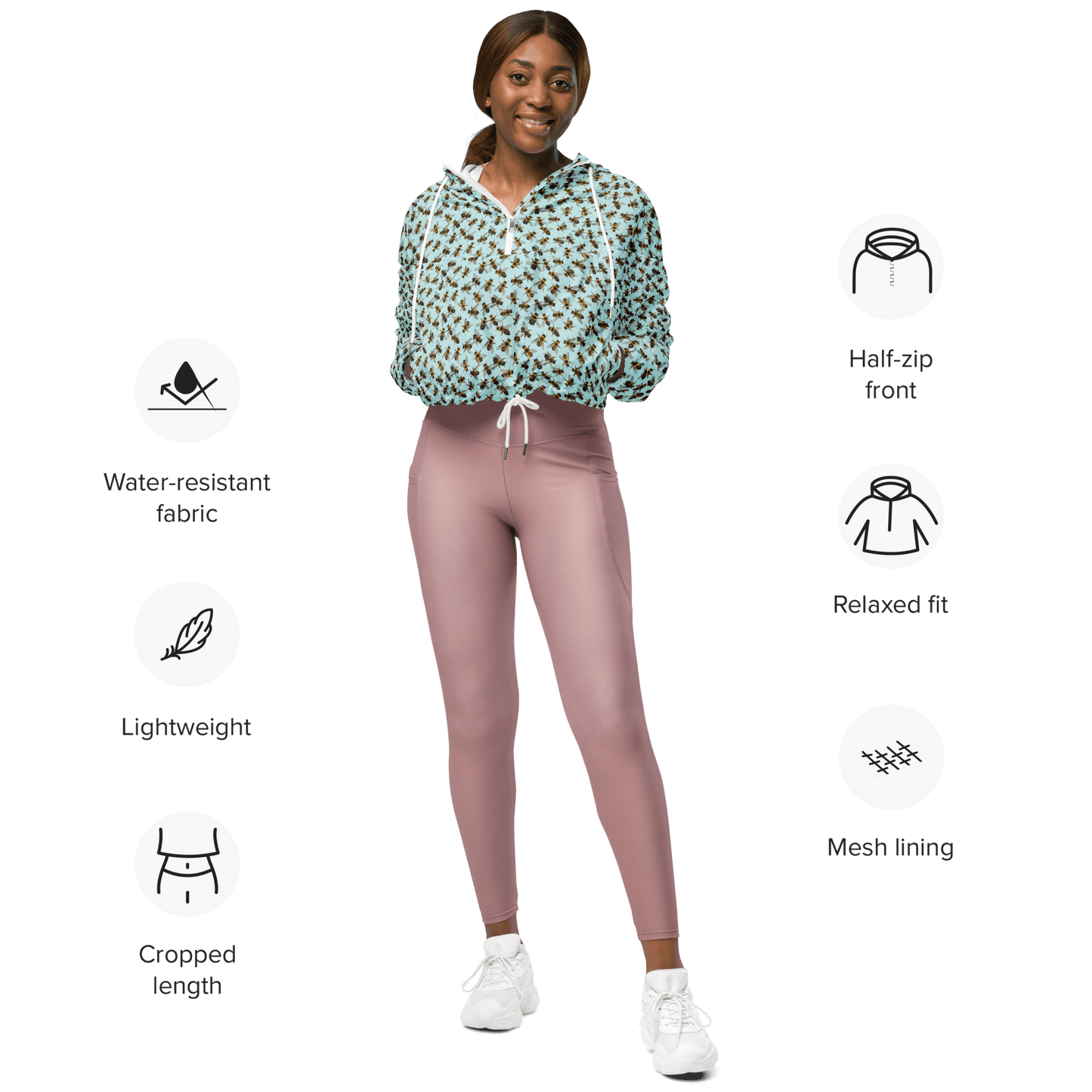 Honey Bee Printed Ladies Cropped Windbreaker - XS to 2XL - Mooving Merch