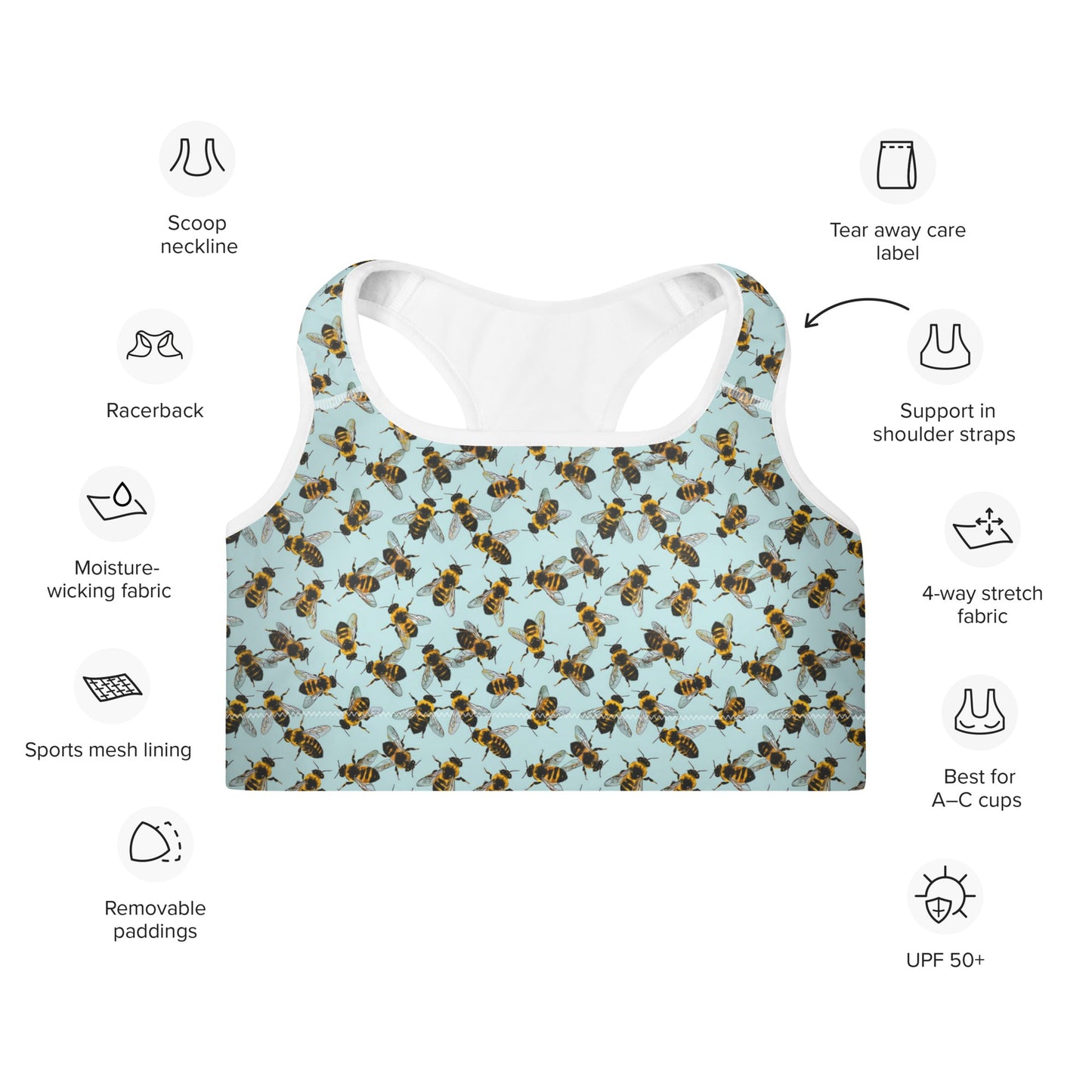Honey Bee Printed Padded Sports Bra - XS to 2XL - Mooving Merch