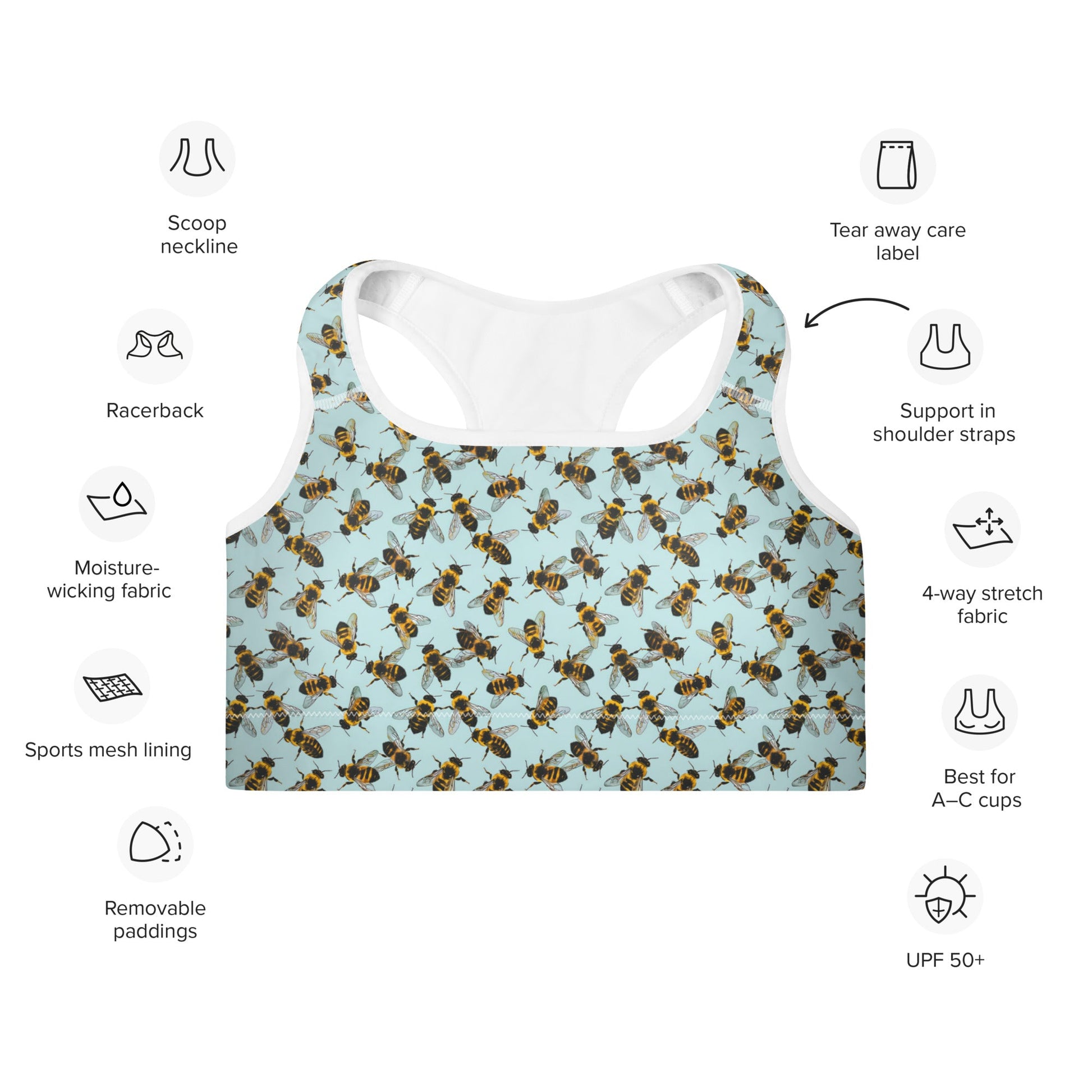 Honey Bee Printed Padded Sports Bra - XS to 2XL - Mooving Merch