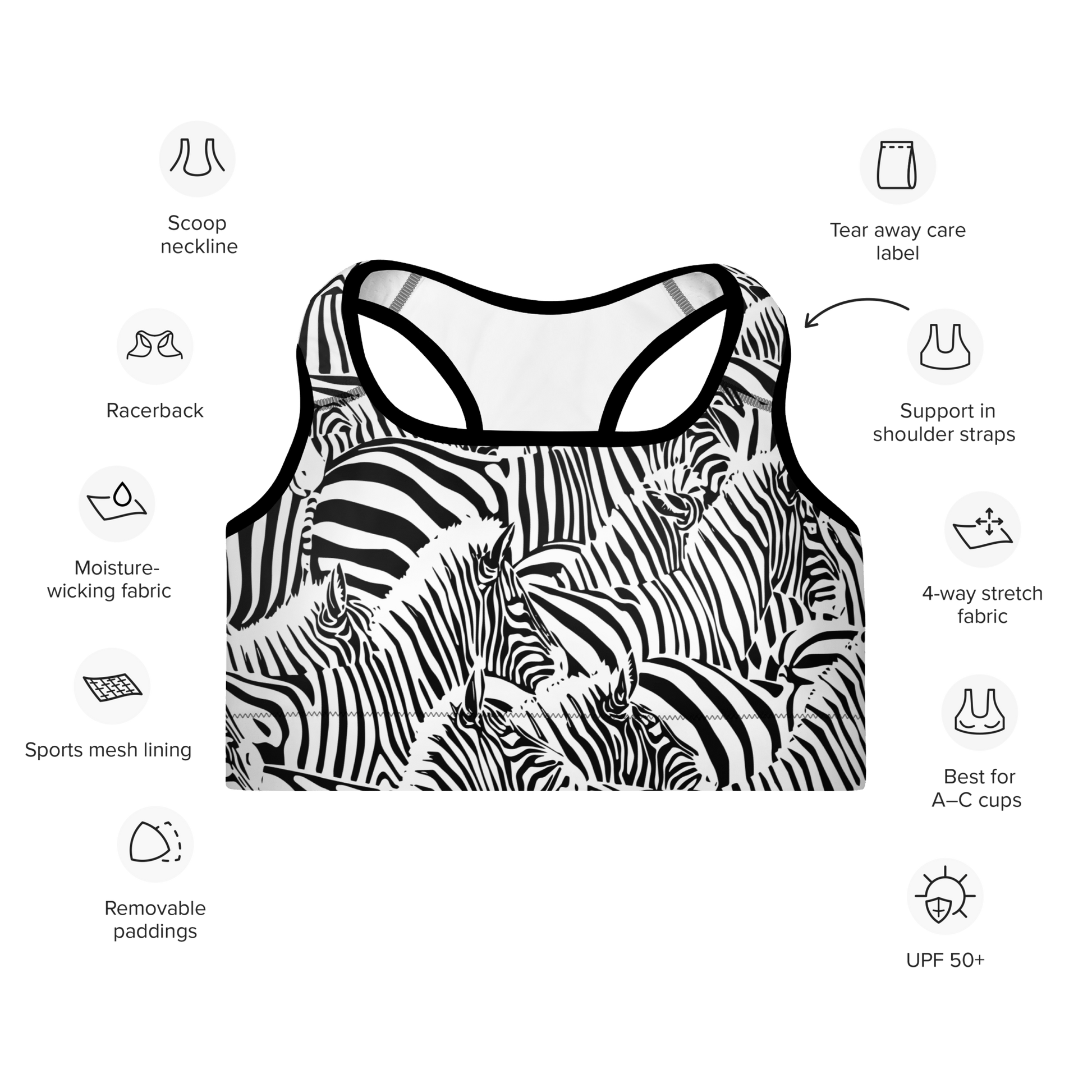 M.C. Escher Zebra Print Padded Sports Bra - XS to 2XL - Mooving Merch
