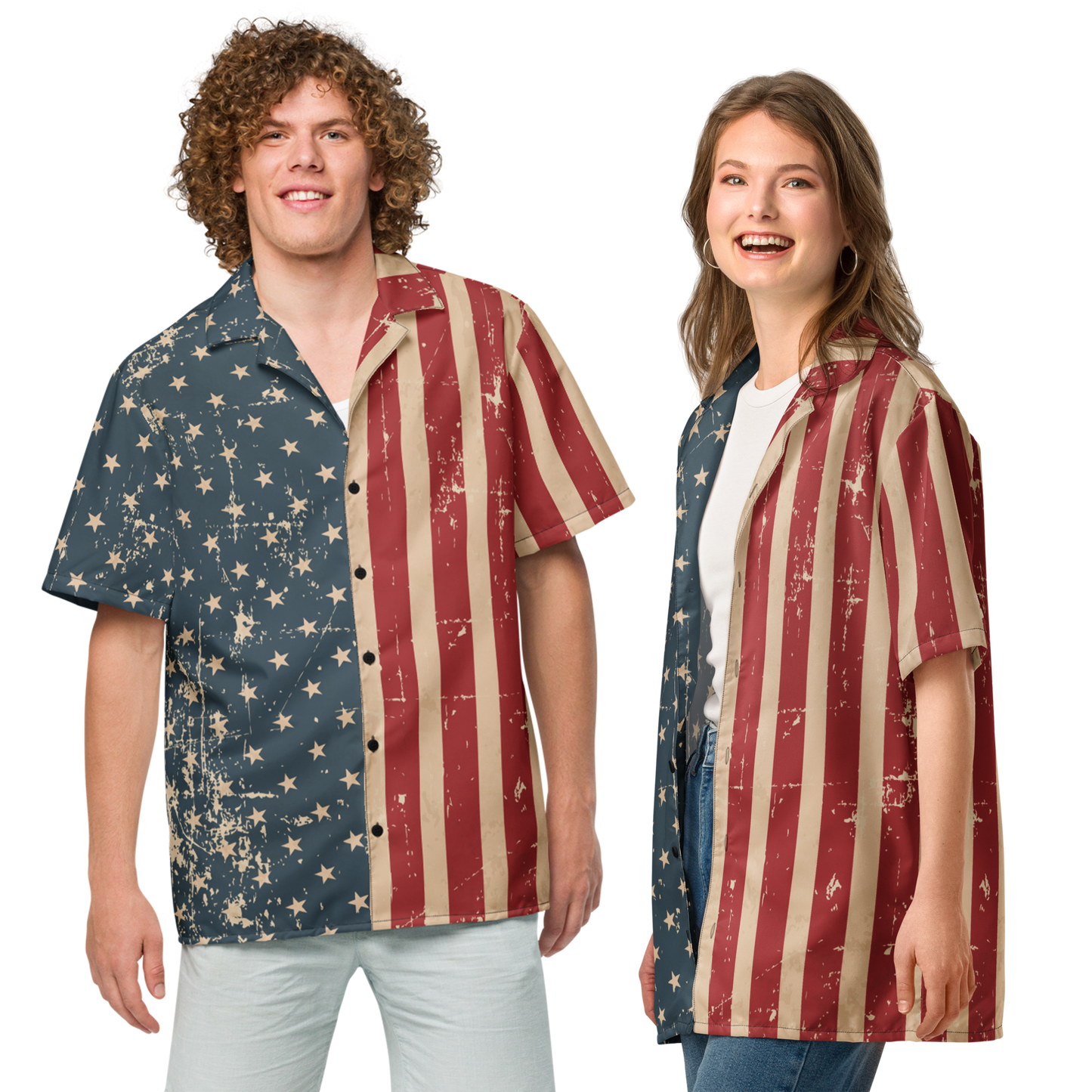 Camisa unisex con botones de estilo vintage con bandera estadounidense, estrellas y rayas