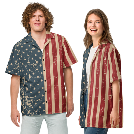 Camisa unisex con botones de estilo vintage con bandera estadounidense, estrellas y rayas