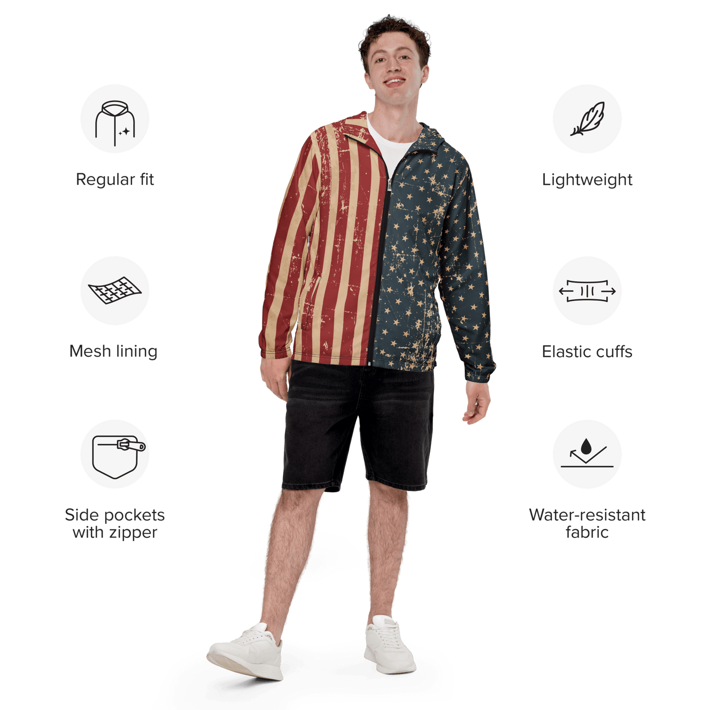 Vintage American Flag Printed Men's Windbreaker - XS - 3XL - Mooving Merch